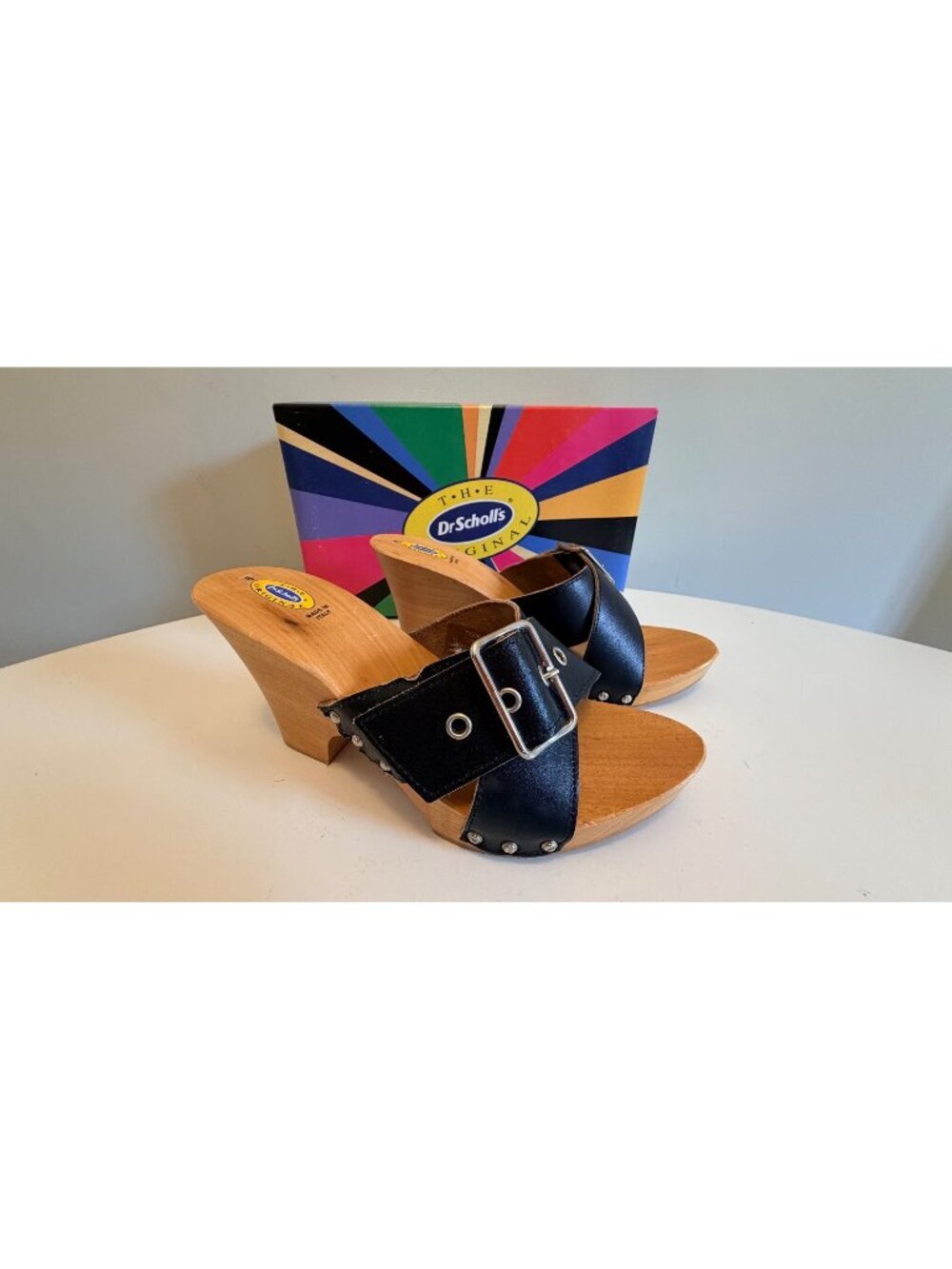 Dr Scholls Women Size 8 Wood High Heel Clog Sandal Black Leather New Italy